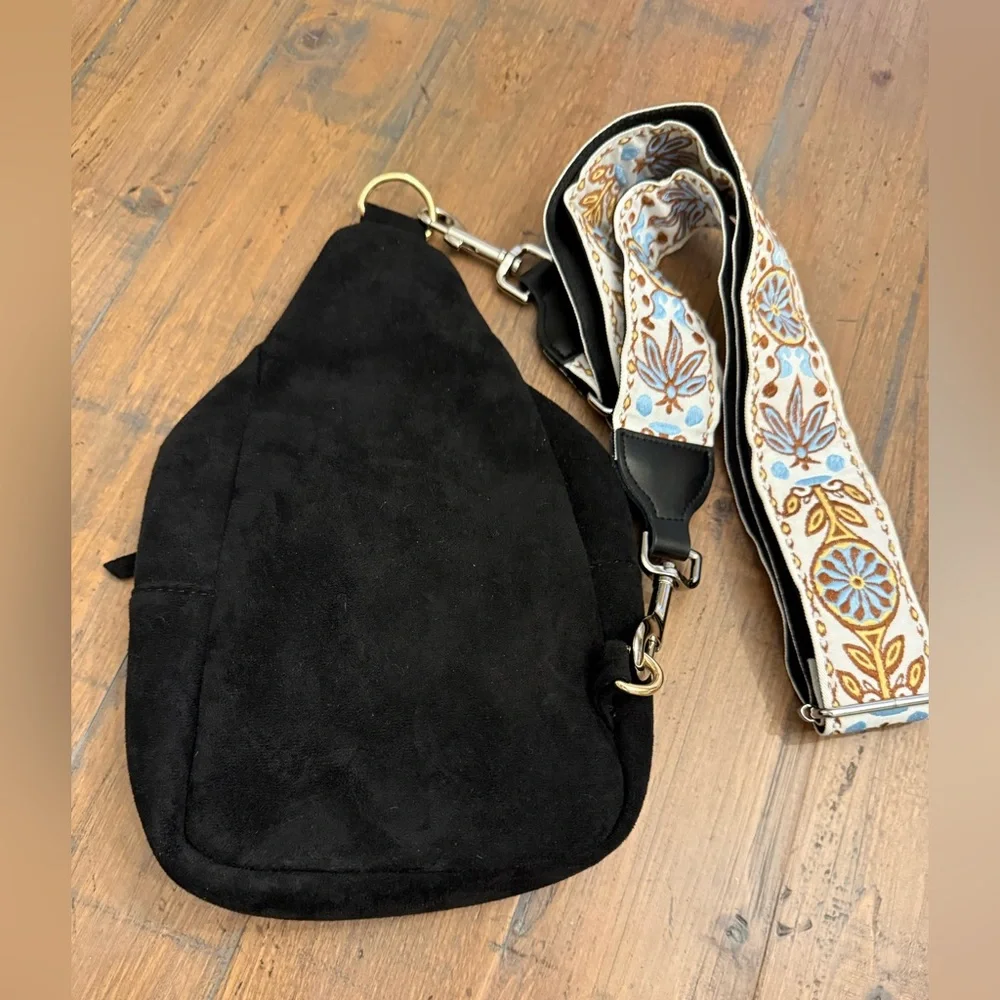 ah-dorned black suede sling back bag. NWOT. - Picture 2 of 5